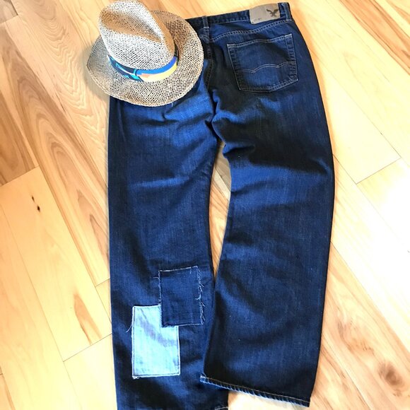 Men’s Patchwork Jeans, 36x32: Upcycled Distressed Denim on Denim, Casual Pants - Picture 10 of 11